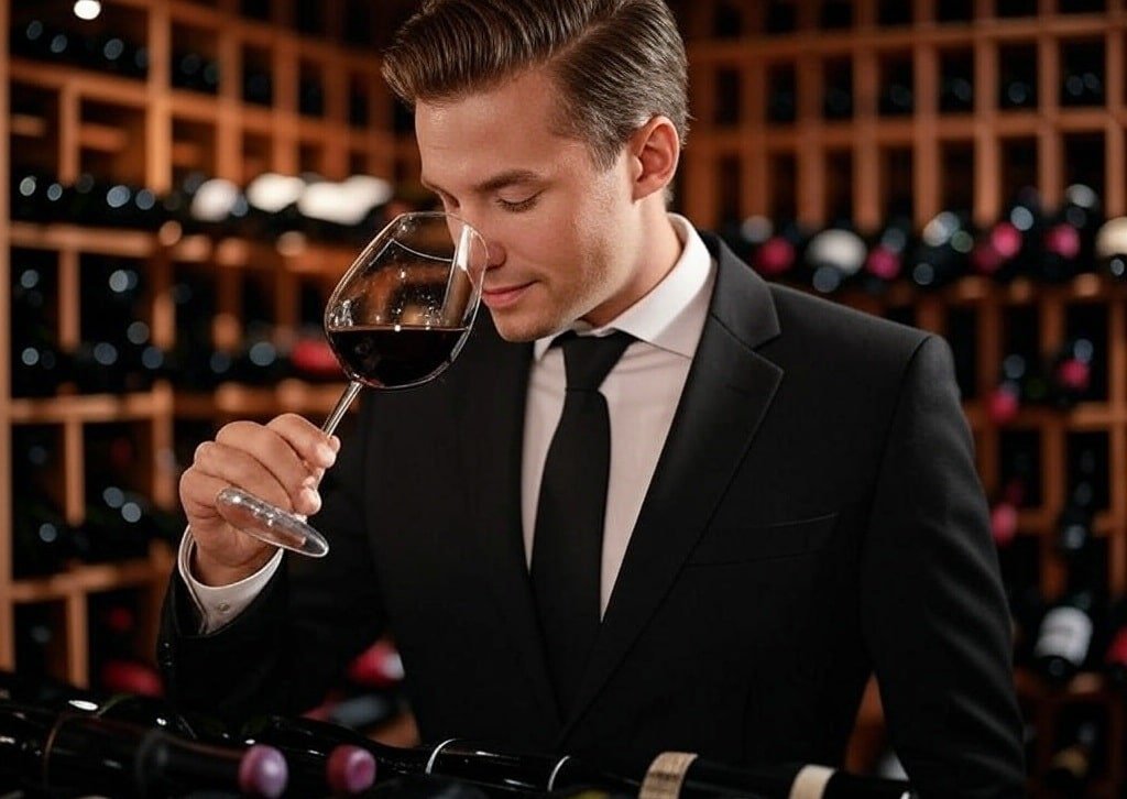 Sommelier catando vino e infoproductos
